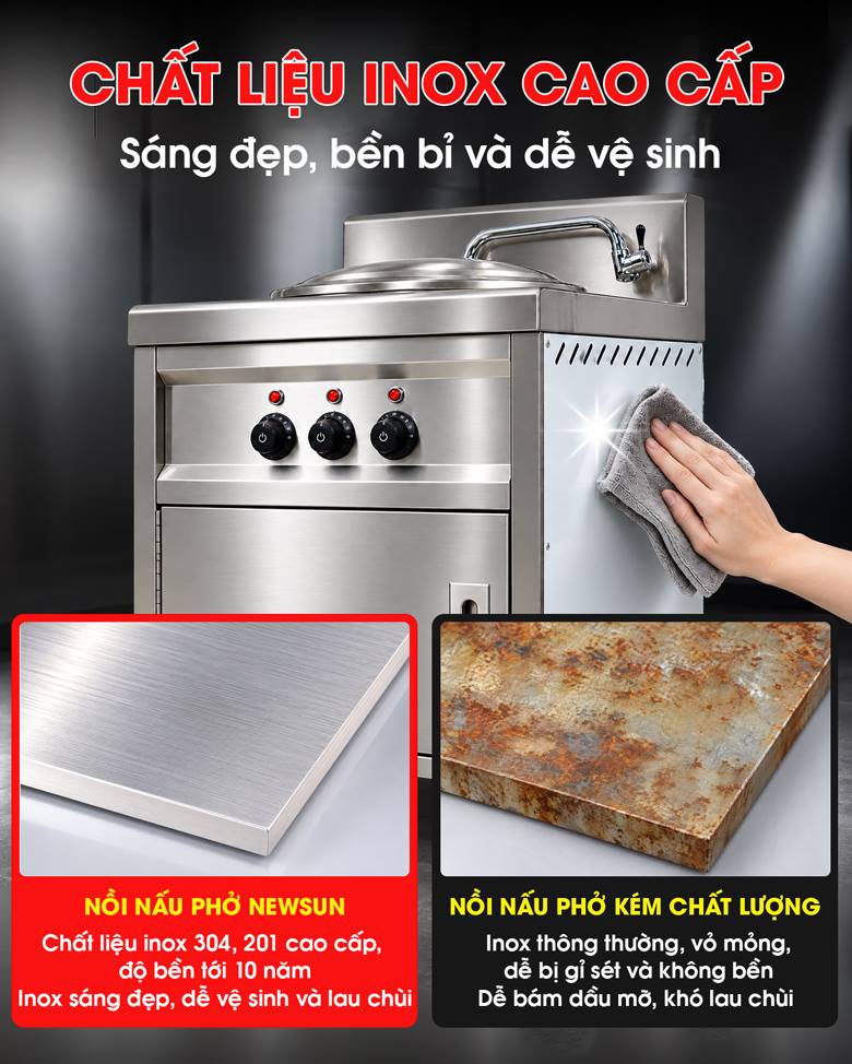 Nồi nấu phở bàn vuông 70L Inox bền chắc, dễ làm sạch sau khi nấu