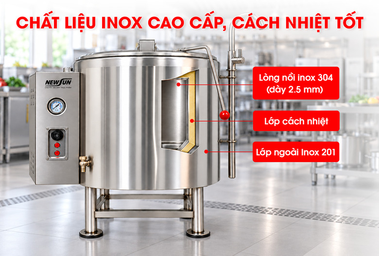 Nồi nấu súp bằng điện DNH-1E 100L Chất liệu inox cao cấp cách nhiệt tốt, bền bỉ và đảm bảo vệ sinh
