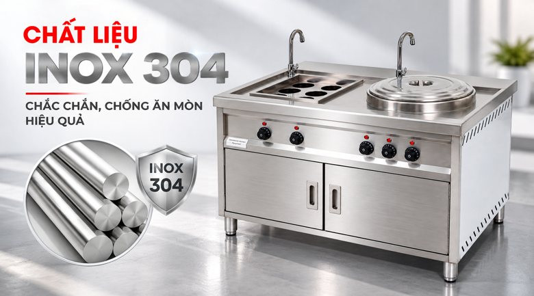 Kết cấu inox 304 chắc chắn, chống han gỉ và đảm bảo vệ sinh thực phẩm