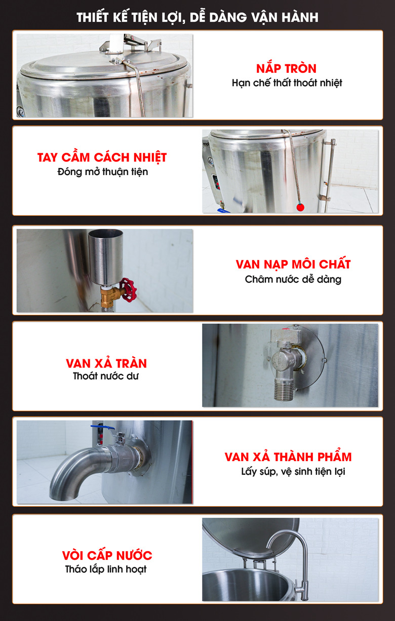 Nồi nấu súp bằng điện DNH-1E 200L Trang bị đầy đủ chi tiết hỗ trợ khi vận hành