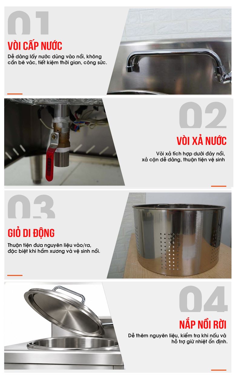 Nồi nấu phở bàn vuông 70L Bàn vuông liền nồi giúp sắp xếp dụng cụ gọn gàng