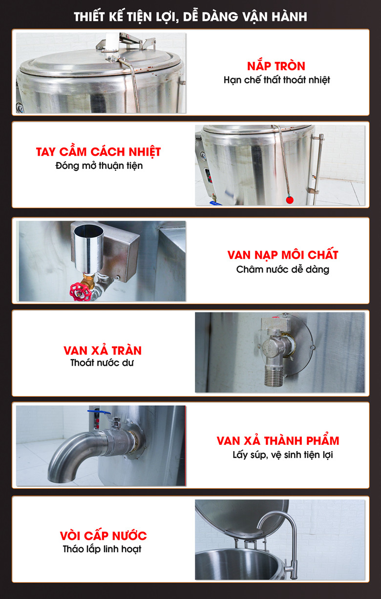 Nồi nấu súp bằng điện DNH-1E 100L Các chi tiết hỗ trợ giúp vận hành thuận tiện hơn