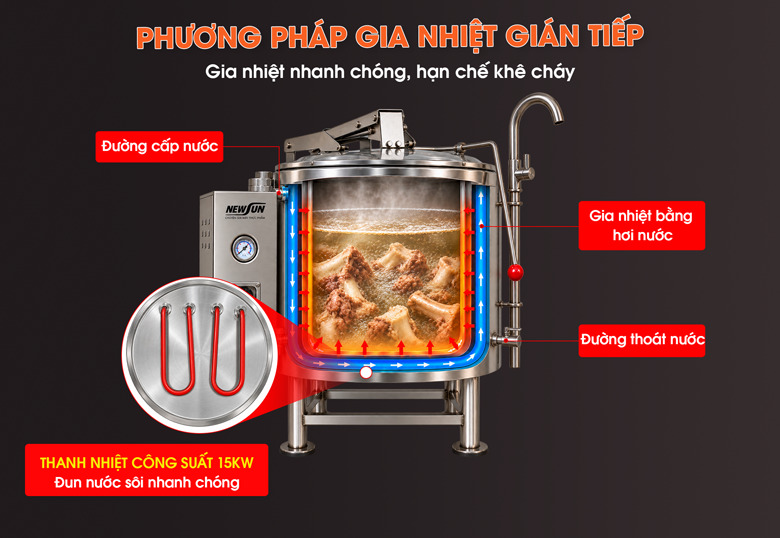 Nồi nấu súp bằng điện DNH-1E 200L Gia nhiệt gián tiếp giúp hạn chế bén đáy, cháy khê