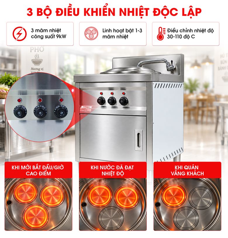 Nồi nấu phở bàn vuông 70L 3 mâm nhiệt điều khiển riêng, dễ tăng giảm công suất