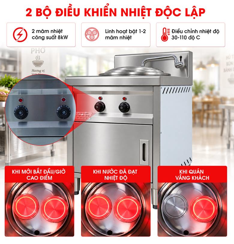 Nồi nấu phở bàn vuông 50L 2 mâm nhiệt 8kW, chủ động điều chỉnh theo từng giai đoạn nấu