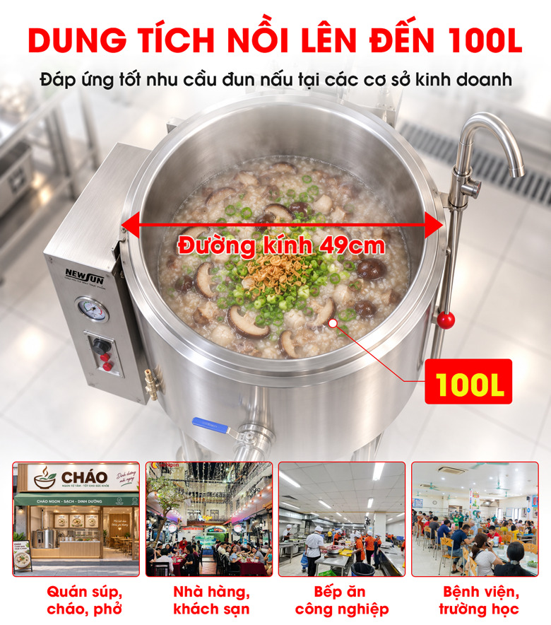 Nồi nấu súp bằng điện DNH-1E 100L Thiết kế chắc chắn, dung tích 100L đáp ứng nhu cầu nấu số lượng lớn