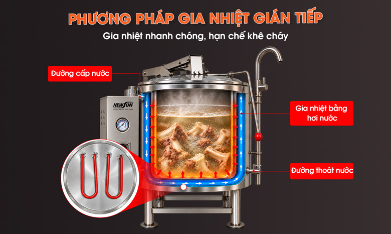 Nồi nấu súp bằng điện DNH-1E 100L Gia nhiệt gián tiếp giúp hạn chế khê cháy khi nấu