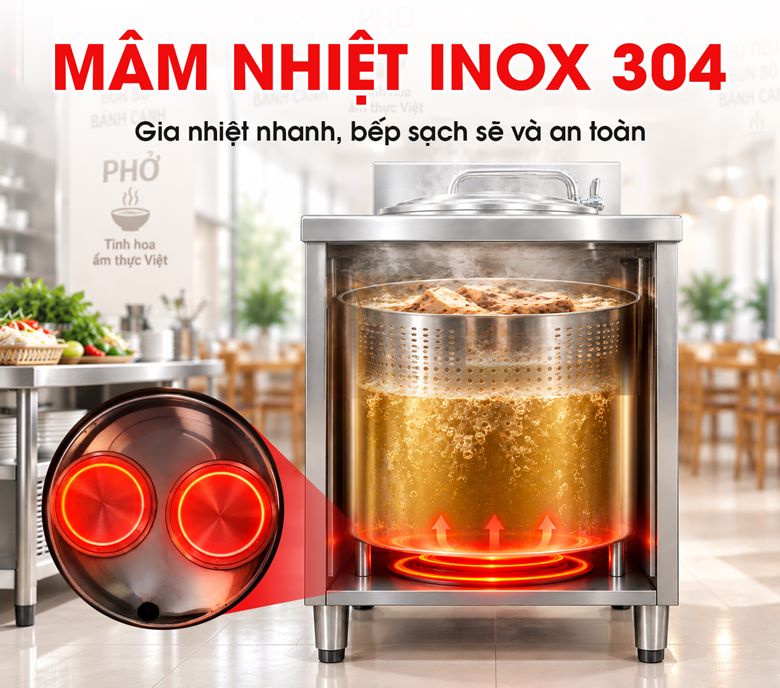 Nồi nấu phở bàn vuông 50L Mâm nhiệt inox 304, truyền nhiệt trực tiếp vào nước