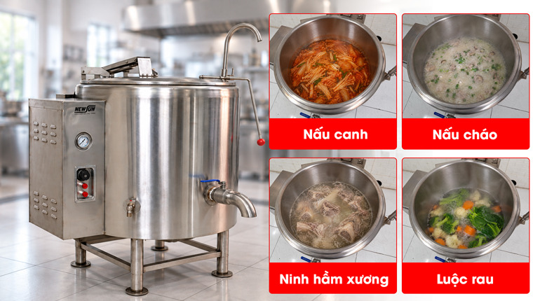 Nồi nấu súp bằng điện DNH-1E 100L Ngoài nấu súp, nồi còn có thể nấu cháo, ninh xương,...